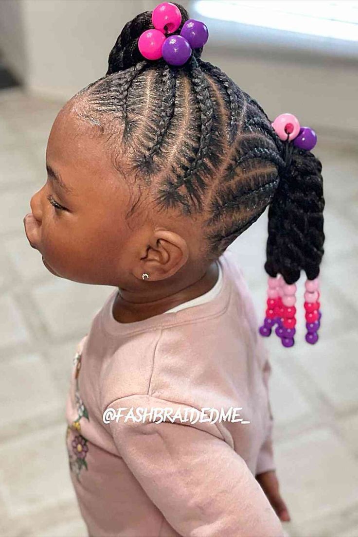 Medium-Length Ponytails with Side-Swept Cornrows for Your Baby Girls Little Black Hairstyles Kids, Kids Halo Braid Hairstyles, Braids And Beads Kids, Black Kid Hair Styles, Easy Kid Hairstyles, Toddler Braided Hairstyles With Beads, Ponytail Hairstyles For Kids, Kids Natural Hairstyles, Kids Braids With Beads