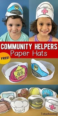 three children wearing paper hats with the words community helpers on them