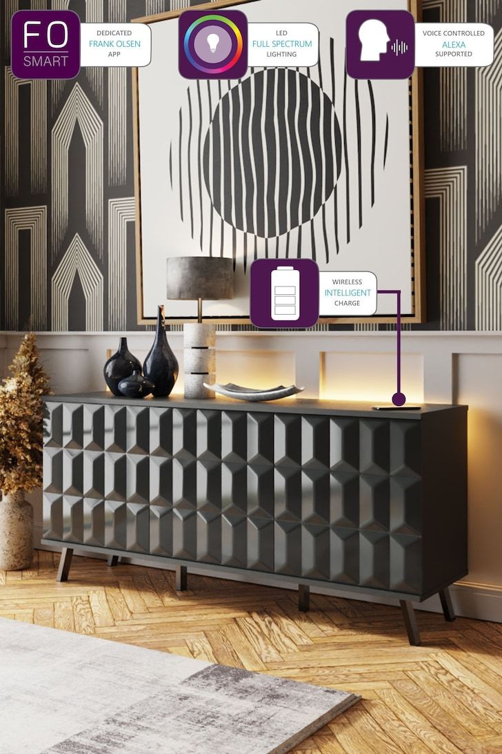 Sophie Paterson Interiors, Colour Spectrum, Stylish Sideboards, Sideboard Grey, Contemporary Doors, High Gloss Paint, Luxury Living Room Design, White Sideboard, Mood Lighting