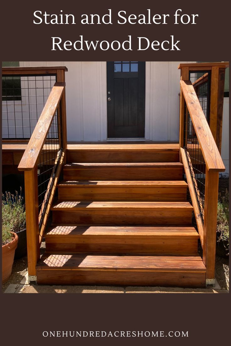 wooden steps with the words stain and sealer for redwood deck