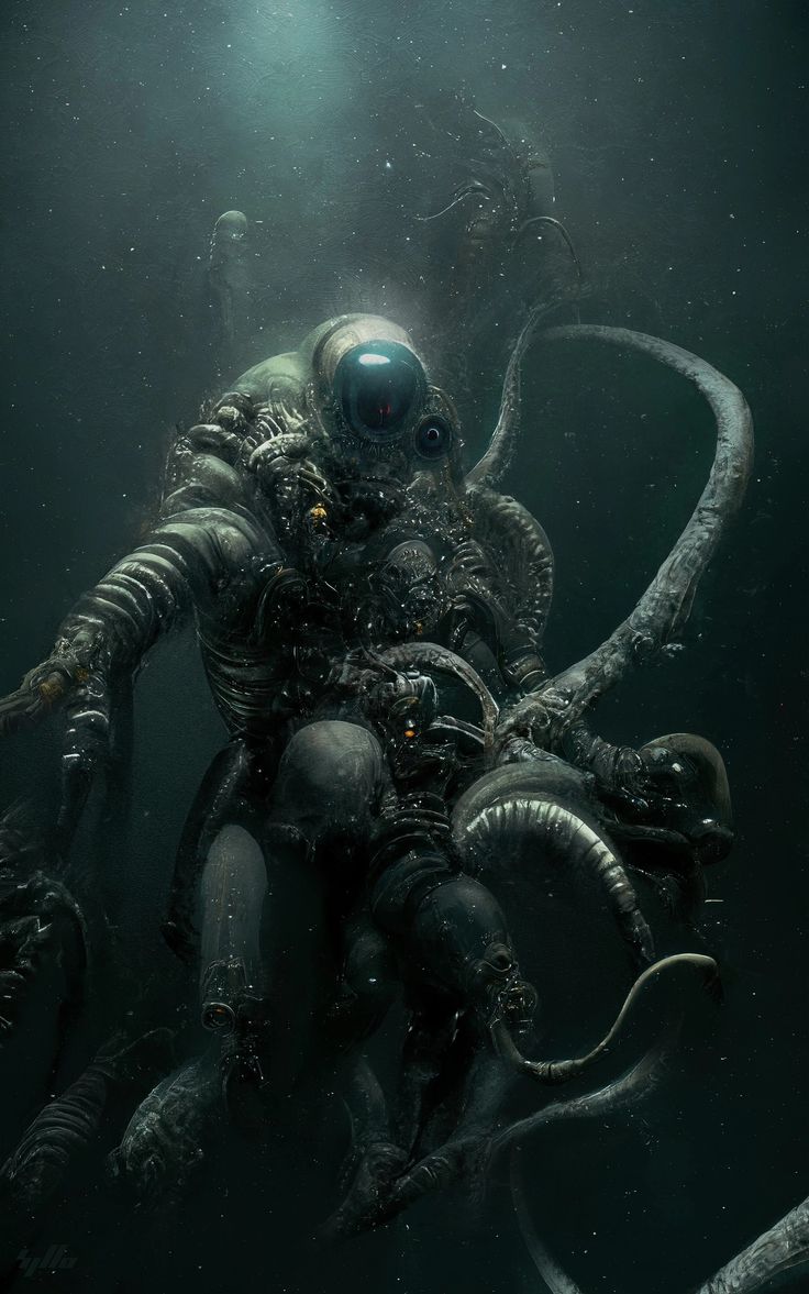 an alien creature sitting on top of a giant squid in the dark water, with its head