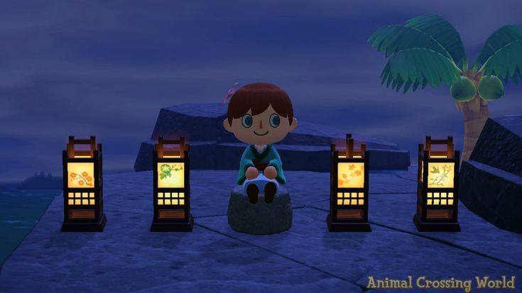 an animated boy sitting on top of a rock next to two lights and a palm tree