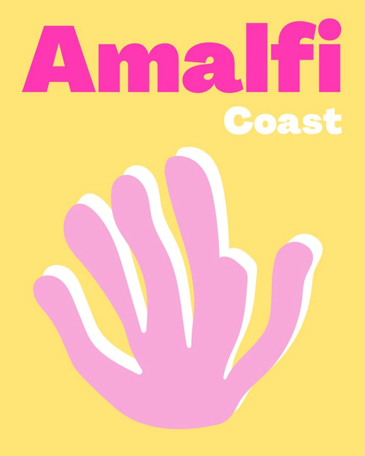 an advertisement for the amalfi coast, with pink and yellow hand on it