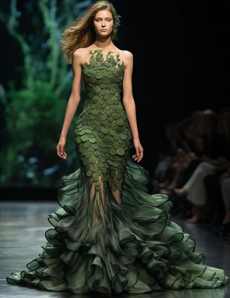 Green Mermaid Prom Dress, Romantic Wedding Dress, Runway Fashion Couture, Nature Dress, Theme Dress, فستان سهرة, Gala Dresses, Wedding Dresses Romantic, Fashion Design Clothes