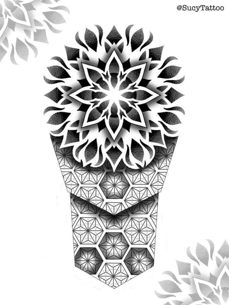 an abstract black and white drawing of a flower in a vase with leaves on it