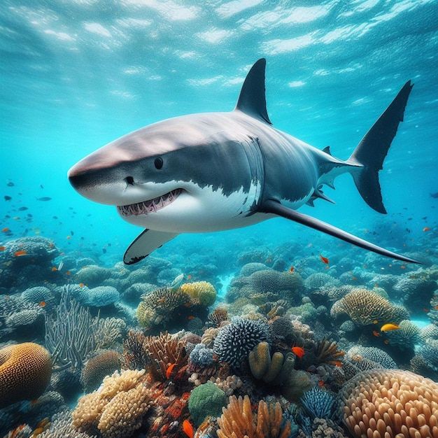 a great white shark swims over the coral reef in this underwater photo taken by an angleer