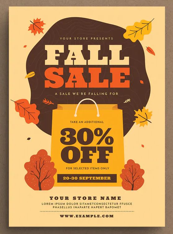 the fall sale flyer is shown with an orange shopping bag and falling leaves on it