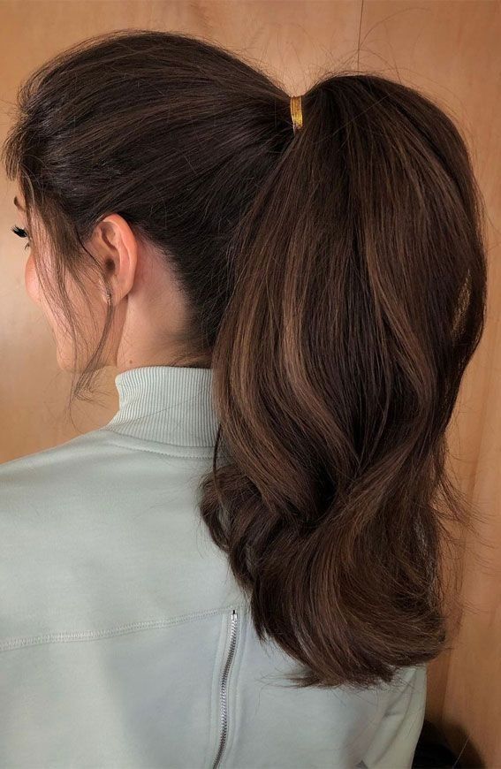 Ponytail Hairstyle Ideas, Ponytail Scrunchie, Long Ponytail Hairstyles, Stylish Ponytail, Pony Hairstyles, Black Ponytail, Long Ponytail, Long Hairstyle Ideas, Elegant Ponytail