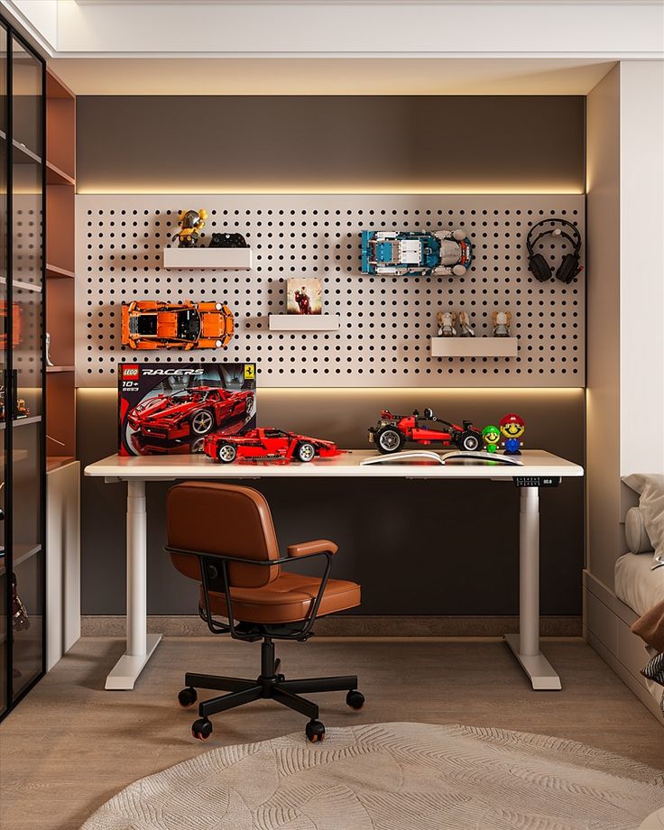 a room with a desk and toy cars on the table in front of it,