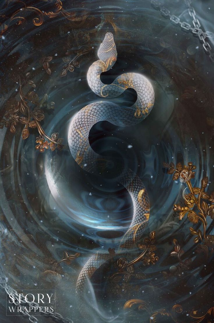 two snakes in water surrounded by chains and gold leafy vines, with butterflies on their backs