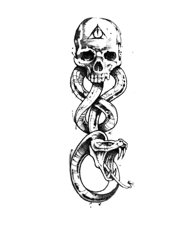 a drawing of a snake and skull with the letter s in it's mouth