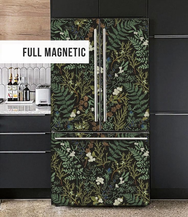 an image of a refrigerator that is decorated with flowers and plants on the front door