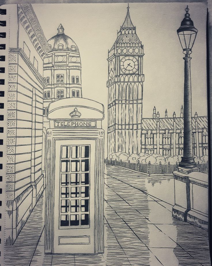 a drawing of a phone booth in london with the big ben clock tower in the background