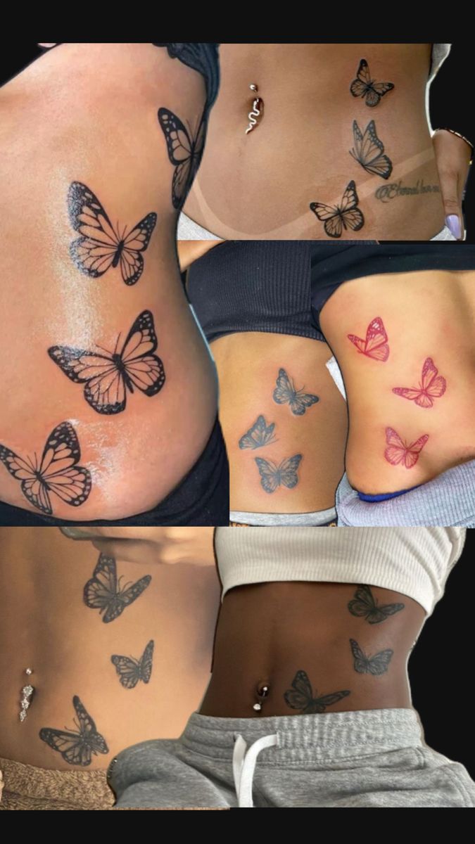 multiple pictures of butterflies on the side of women's butts