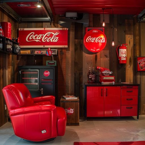 a room with coca cola signs and red furniture