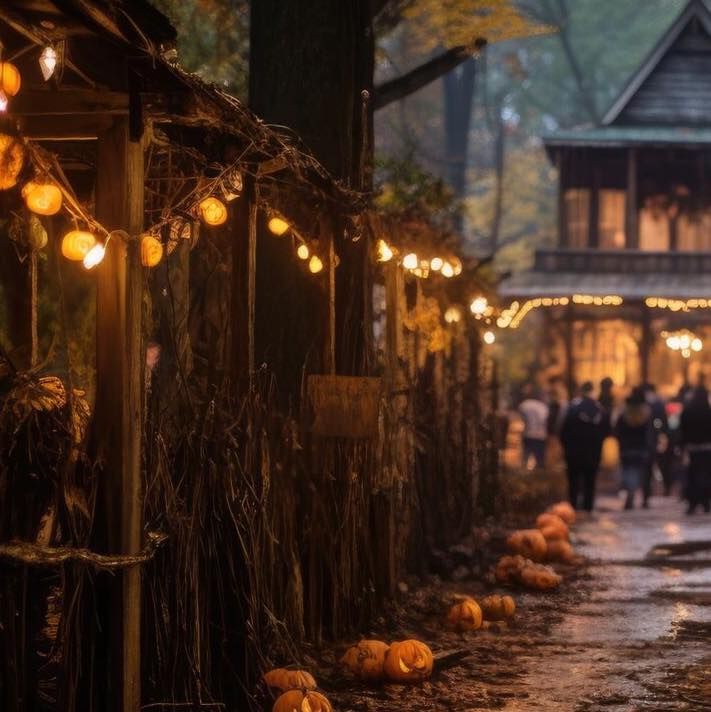 people are walking down the street with pumpkins on the ground in front of them