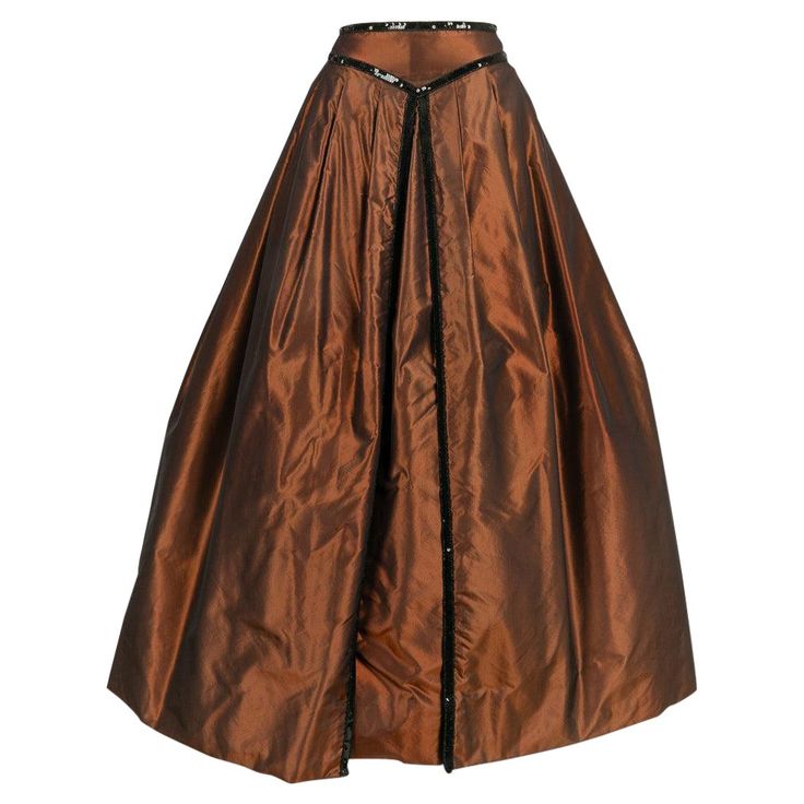 Azzaro -(Made in France) Imposing taffeta skirt. Marked size 40FR, it fits a size 36FR. Additional information: Dimensions: Size: 33 cm, Length: 106 cm Condition: Very good condition Seller Ref number: FJ42 Long Taffeta Skirt, Taffeta Skirt, Brown Skirt, Brown Skirts, Women Skirts, Mid Length Skirts, High Fantasy, Skirts For Women, Full Skirt