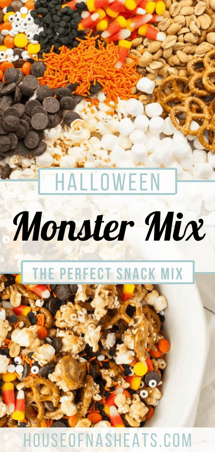 Halloween Monster Snack Mix Halloween Popcorn Mix, Halloween Trail Mix, Halloween Party Mix, Monster Snacks, Fall Snack Mixes, Halloween Snack Mix, Halloween Popcorn, Popcorn Mix, Bite Size Snacks