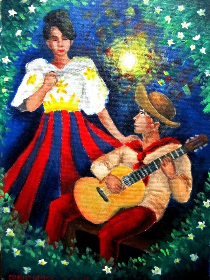 a painting of a man playing the guitar next to a woman in a red dress