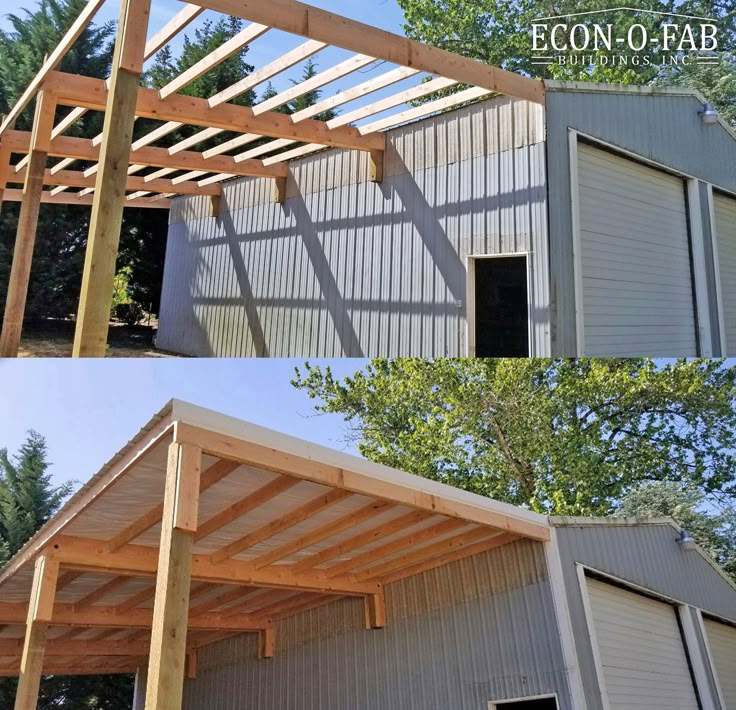 two pictures of the outside of a building with wood and metal sidings on it