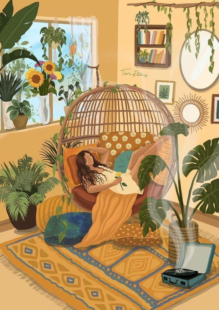 a painting of a woman laying in a hammock next to a potted plant