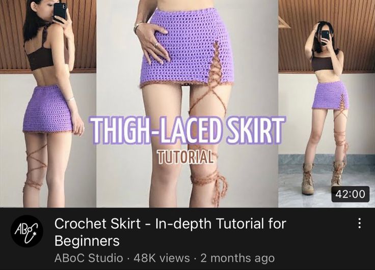 three pictures of a woman in short skirt and high - heeled shoes with the text, thigh - laced skirt crochet - knit - in - depph - depth pattern for beginnerrs