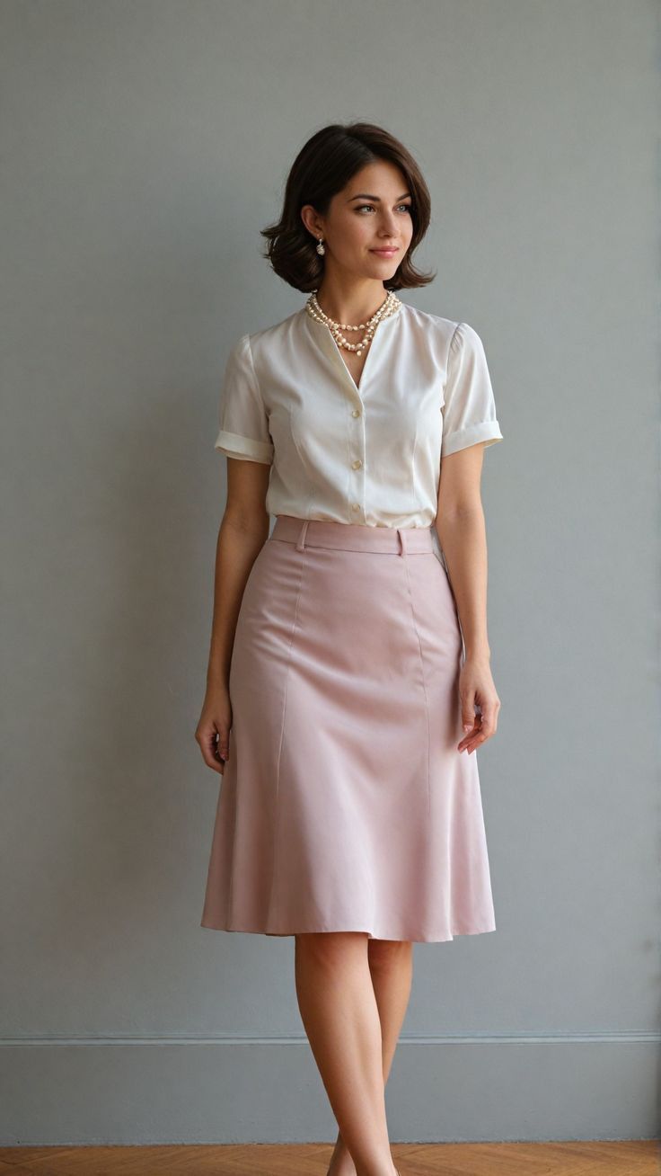 Skirt For Work The Office, Office Job Outfits Skirts, Women Office Outfits Skirt, Office Look Skirt, Blouse And Skirt Outfit Formal, Feminine Outfits With Pants, A Line Skirt And Blouse, Office Blouses For Women, Vintage Office Outfit