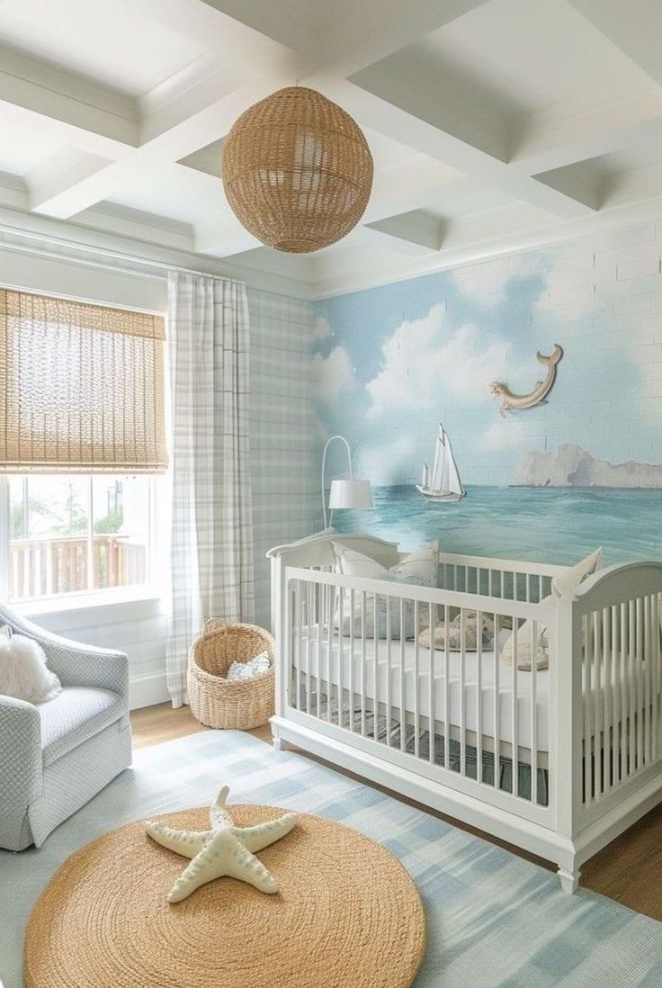 Ocean Inspired Nursery, Beach Nursery Theme, Girl Nursery Ideas Themes, Ocean Nursery Ideas, Coastal Baby Room, Ocean Baby Room, Ocean Baby Nursery, Coastal Nursery Boy, Ocean Nursery Theme