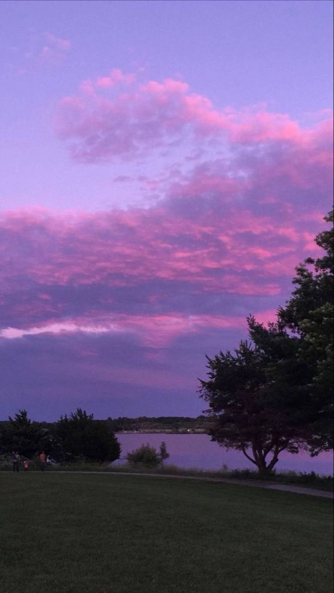 the sky is pink and purple as it sits over water with trees in the foreground