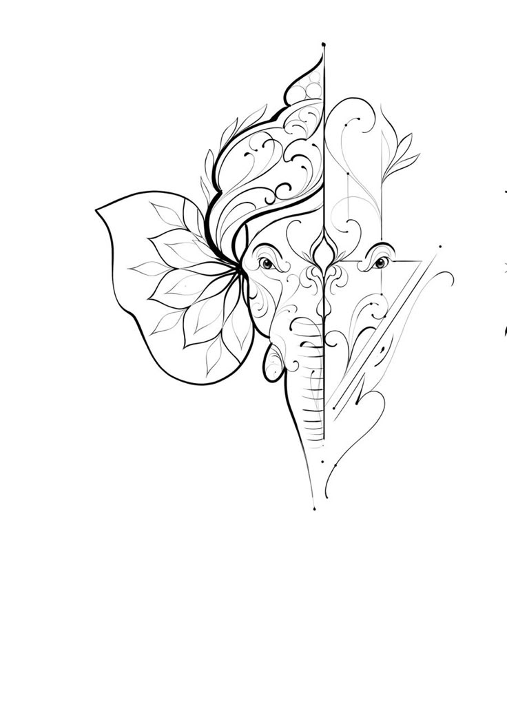 a drawing of an elephant with leaves on it's head