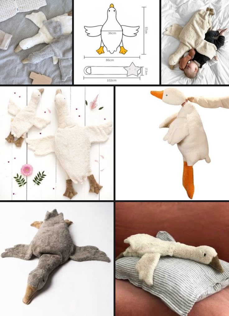 several different pictures of stuffed animals and pillows