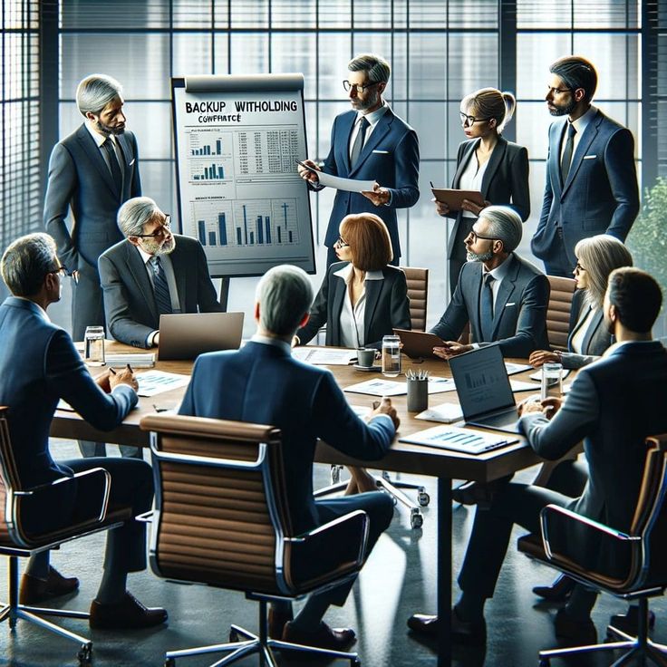 a group of business people sitting around a conference table in front of a large poster