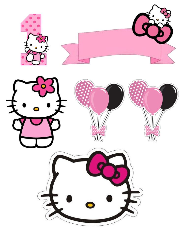 hello kitty birthday party supplies including balloons, bow, and heart shaped balloon stickers