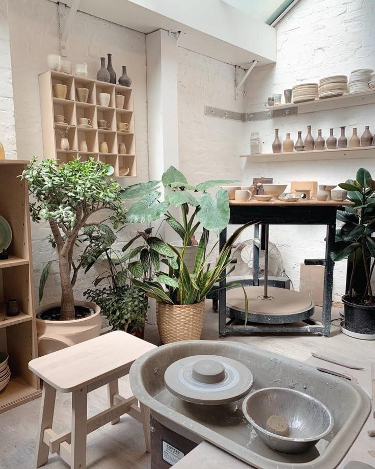 a room filled with lots of potted plants next to wooden shelves and pots on top of tables