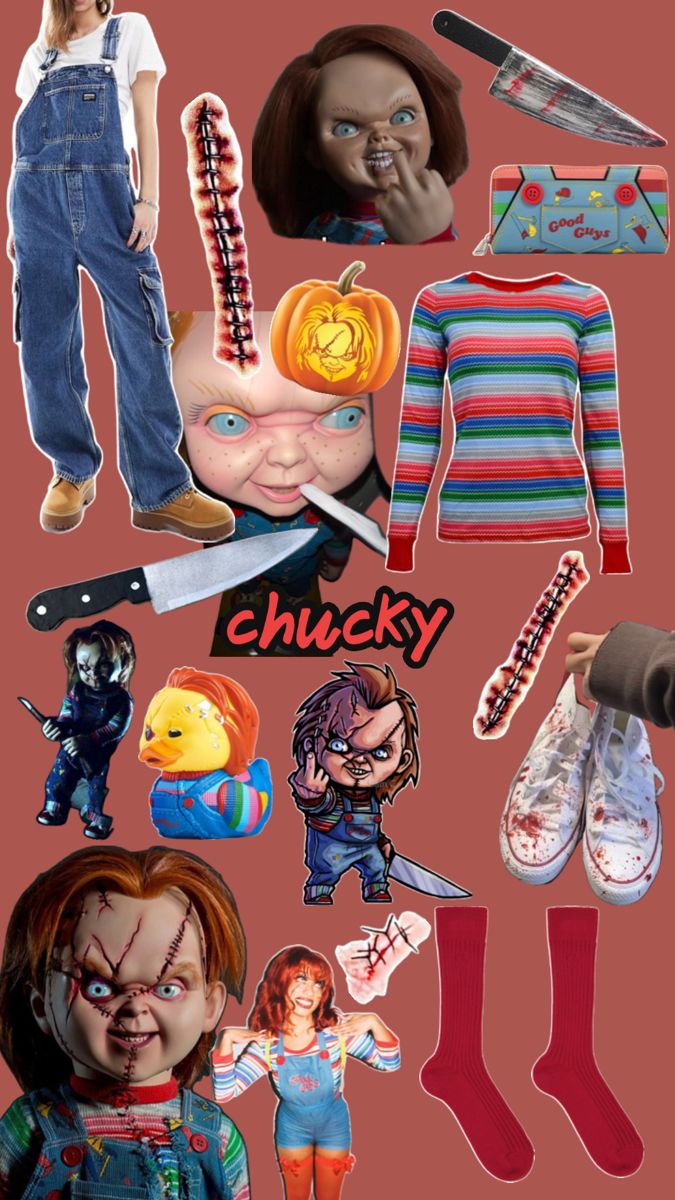 an image of chucky doll collaged with other items including shoes and socks