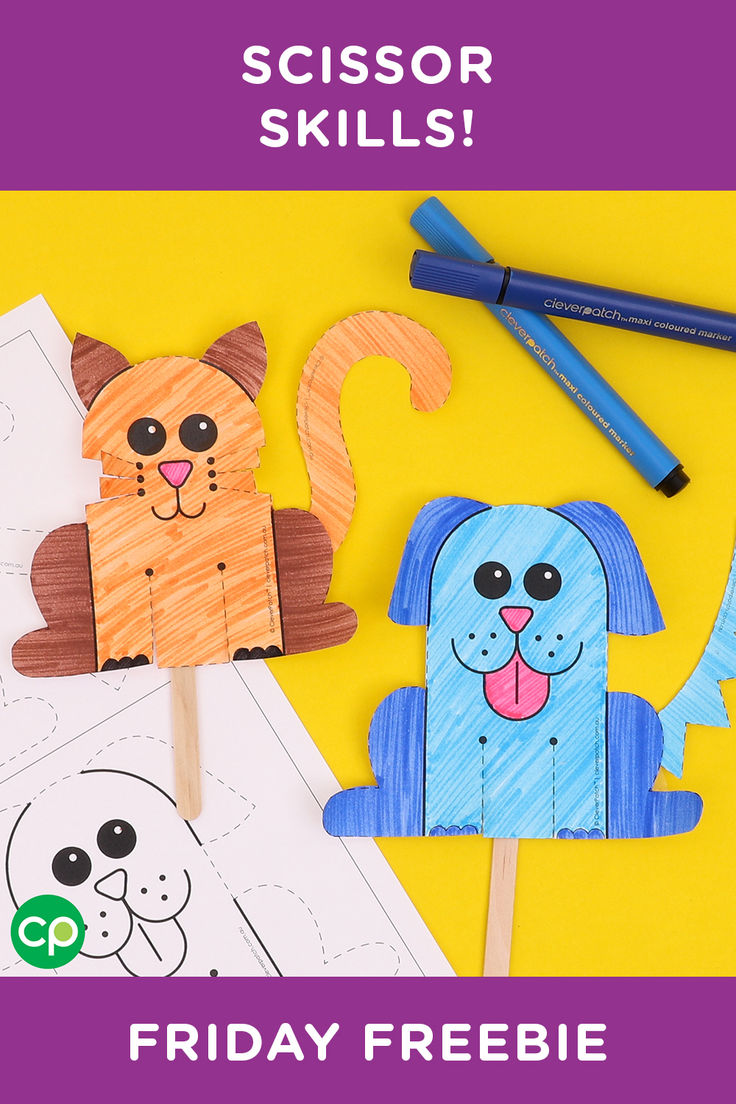 two paper animals on sticks with the text, friday freebie scissor skills