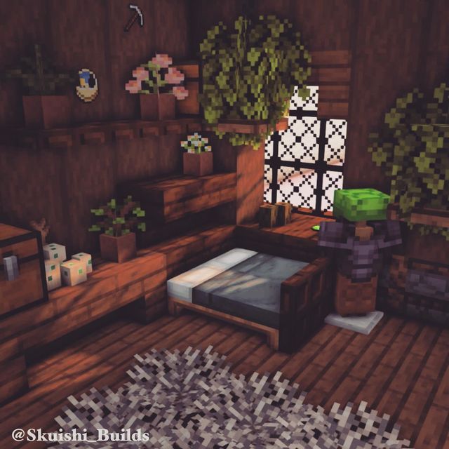 a bed room filled with lots of furniture and plants