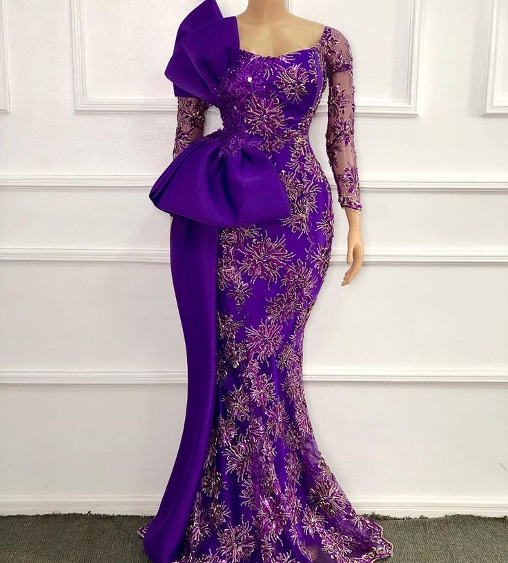 Lace Styles For Wedding, Nigerian Lace Dress, Nigerian Dress Styles, Nigerian Dress, Dresses Long Sleeves, Nigerian Lace Styles Dress, Nigerian Lace Styles, Purple Evening Dress, African Lace Styles