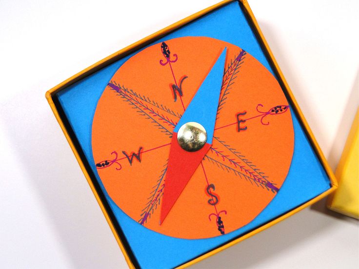 an orange and blue box with a compass on it