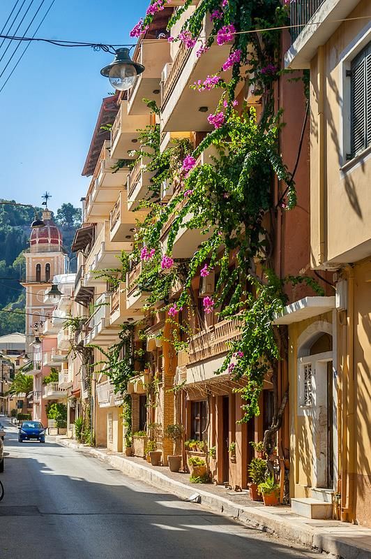 an empty street lined with tall buildings and flowers on the balconies in front of them