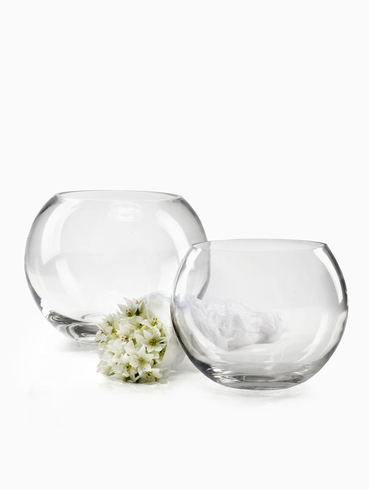 two clear vases with white flowers in them on a white surface, side by side