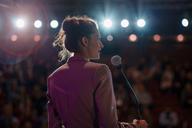 a woman speaking into a microphone in front of an audience with bright lights on the ceiling