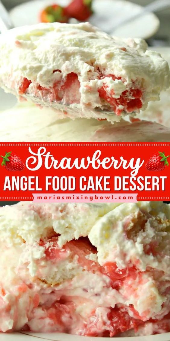 strawberry angel food cake dessert on a white plate with the title overlay above it