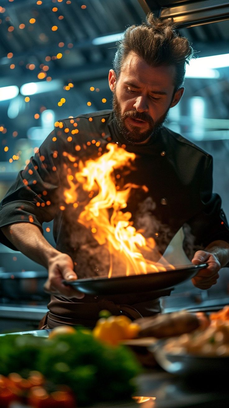 a man cooking food on top of a wok with flames coming out of it