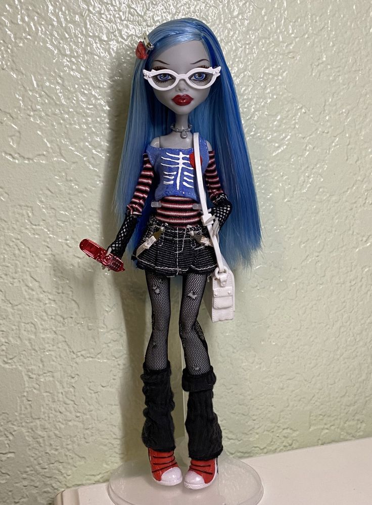 a doll with blue hair and glasses on top of a white shelf next to a wall