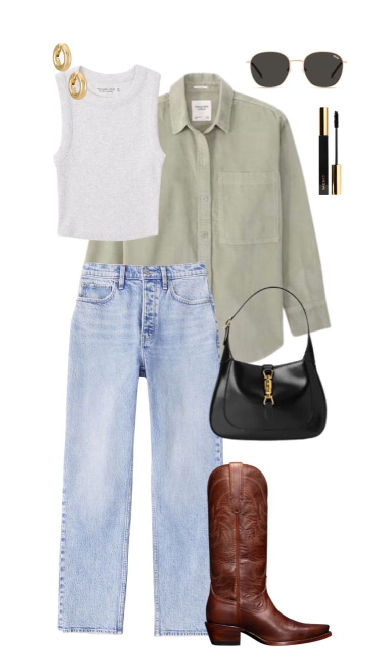 Acl 2024 Outfits, Outfits With Brown Cowboy Boots For Women, Doc Martens Outfit Date Night, Beer Garden Outfit Summer, Western Boots Jeans Outfit, Simple Outfits With Cowgirl Boots, Cowgirl Boots Outfit Jeans Casual, Outfit Ideas Cowgirl Boots, Cowgirl Boots Outfit With Jeans