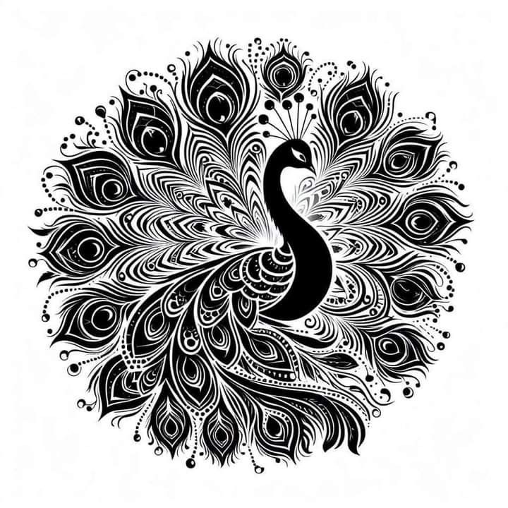 a black and white peacock with feathers in the shape of a circle on a white background