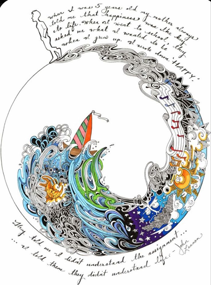 a drawing of a wave with an ocean theme on it and some writing in the background