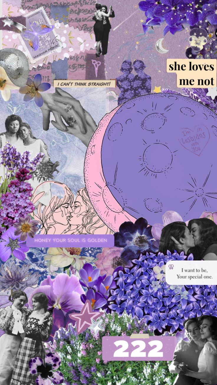 the collage is made up of purple flowers and pictures with words that read, she loves me not