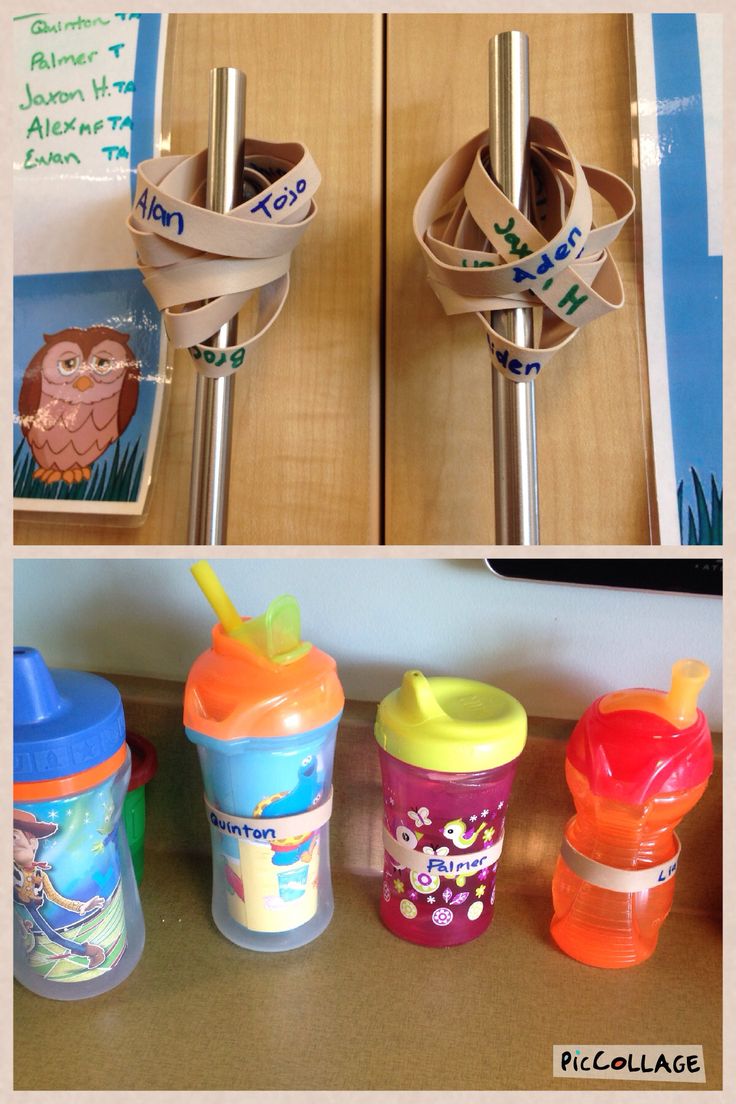 there are four different pictures of cups with labels on them, one is empty and the other has an owl in it